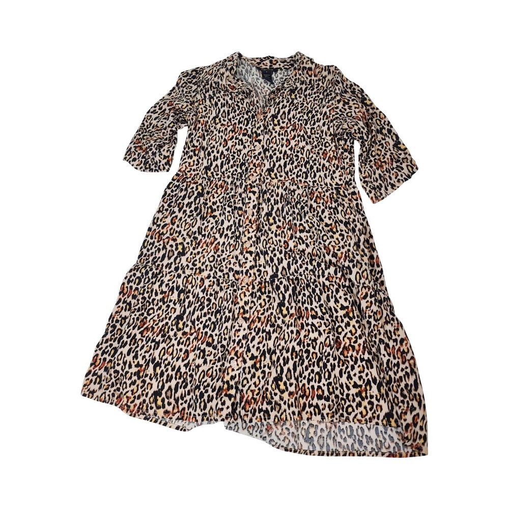 Millenium Womens Leopard‎ Print Tiered Button Front 3/4 Sleeve Rayon Dress Small
